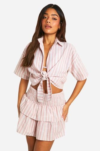 Womens Linen Look Stripe Tie Front Beach Shirt - - L - boohoo - Modalova
