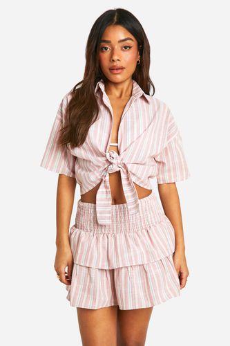 Womens Linen Look Stripe Tiered Beach Rara Skirt - - L - boohoo - Modalova