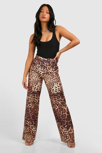 Womens Petite Leopard Print Straight Leg Bengaline Trouser - - 14 - boohoo - Modalova