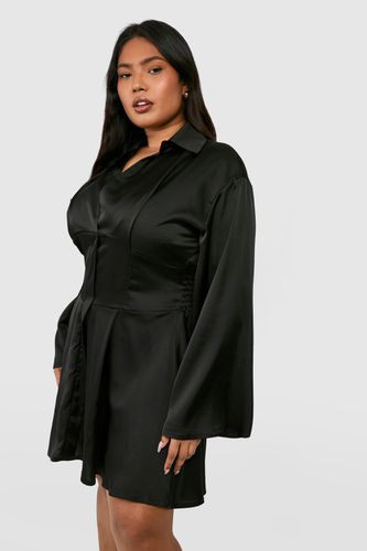 Womens Plus Satin Corset Detail Flared Sleeve Shirt Dress - - 26 - boohoo - Modalova