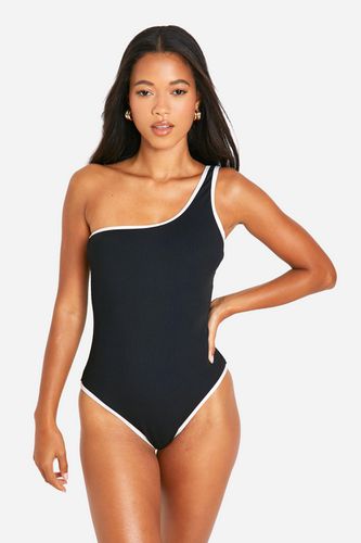 Womens Contrast Binding Ribbed One Shoulder Swimsuit - - 12 - boohoo - Modalova