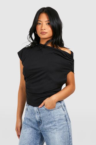Womens Petite Asymmetric Neck Ruched Cotton T-shirt - - 6 - boohoo - Modalova