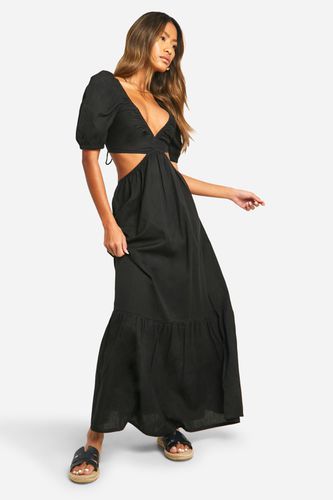 Womens Linen Tie Back Puff Sleeve Maxi Dress - - 12 - boohoo - Modalova