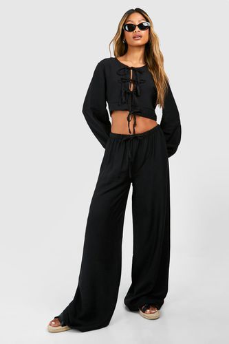 Womens Textured Linen Look Volume Sleeve Blouse & Wide Leg Trousers - - 12 - boohoo - Modalova