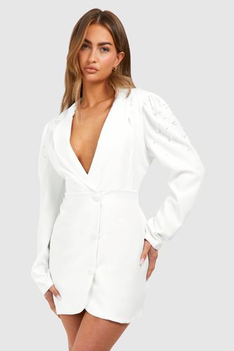 Womens Pearl Detail Puff Sleeve Tailored Blazer Dress - - 10 - boohoo - Modalova