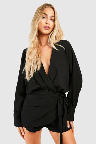 Womens Linen Look Wrap Playsuit - - 14 - boohoo - Modalova