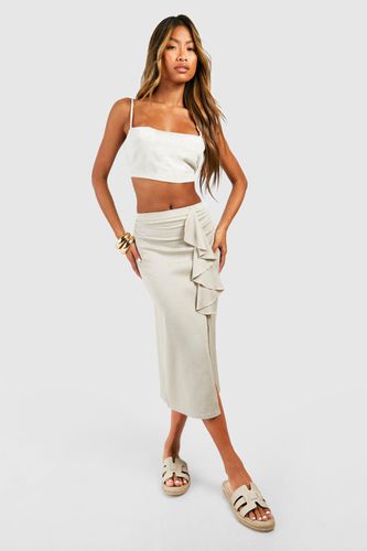 Womens Linen Frill Midi Skirt - - 12 - boohoo - Modalova