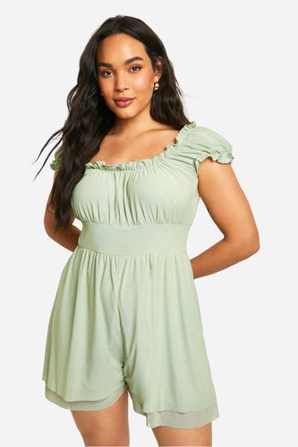 Womens Plus Mesh Milkmaid Frill Hem Playsuit - - 24 - boohoo - Modalova