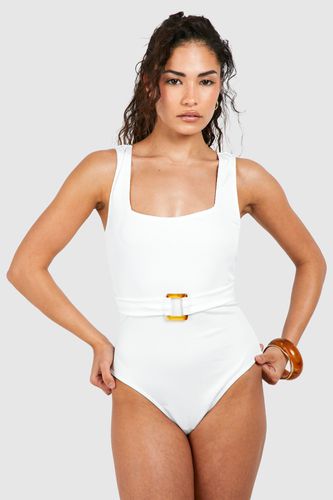 Womens Petite Ribbed Square Neck Tummy Control Swimsuit - - 12 - boohoo - Modalova