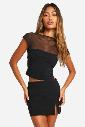 Womens Bengaline Ruched Asymmetric Mesh Crop Top - - 10 - boohoo - Modalova