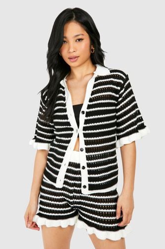 Womens Petite Knitted Stripe Ruffle Shirt - - L - boohoo - Modalova