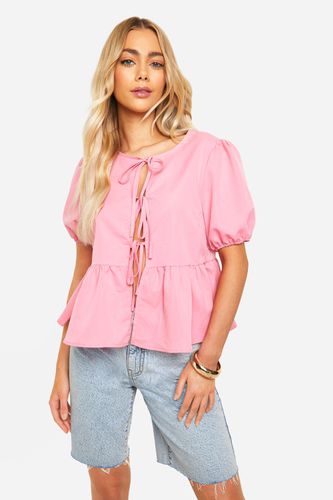 Womens Puff Sleeve Poplin Bow Top - - 8 - boohoo - Modalova