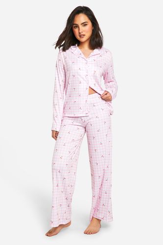 Womens Cherry Gingham Button Up Pyjama Set - - 10 - boohoo - Modalova