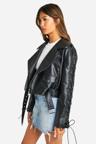 Womens Lace Up Detail Oversized Faux Leather Biker Jacket - - 14 - boohoo - Modalova