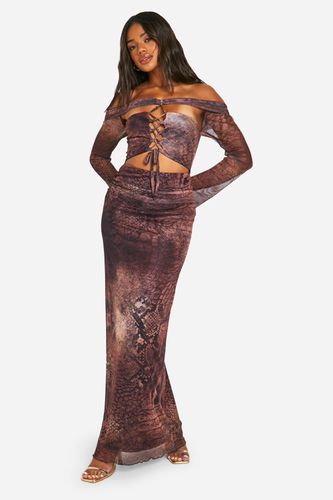 Womens Bardot Tie Detail Cut Out Snake Print Mesh Maxi Dress - - 10 - boohoo - Modalova
