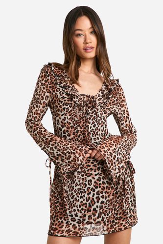 Womens Tall Leopard Ruffle Tie Flared Sleeve Micro Mini Dress - - 10 - boohoo - Modalova