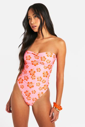 Womens Tropical Floral Ruched Bandeau Swimsuit - - 16 - boohoo - Modalova
