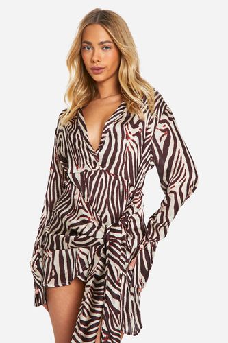 Womens Zebra Satin Wrap Skirt Shirt Dress - - 10 - boohoo - Modalova