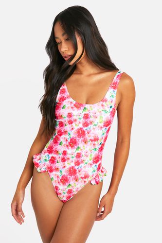 Womens Floral Ruffle Scoop Swimsuit - - 10 - boohoo - Modalova