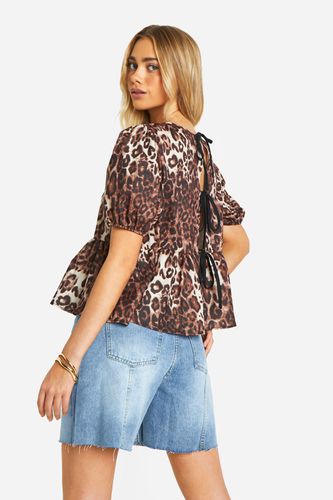 Womens Leopard Puff Sleeve Tie Back Blouse - - 10 - boohoo - Modalova