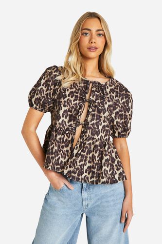 Womens Leopard Puff Sleeve Bow Tie Blouse - - 6 - boohoo - Modalova