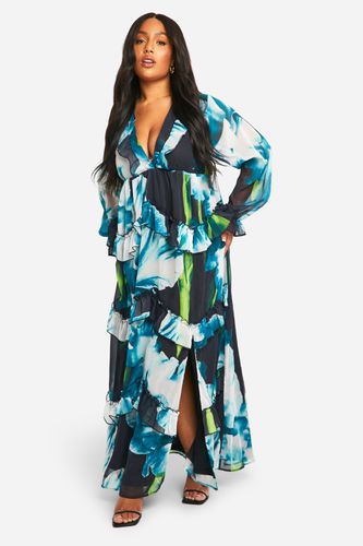Womens Plus Floral Frill Plunge Ruffle Maxi Dress - - 20 - boohoo - Modalova