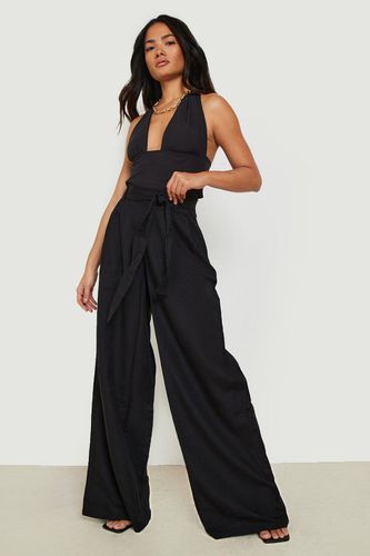 Womens Linen Belted Wide Leg Trouser - - 12 - boohoo - Modalova