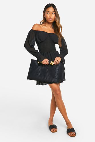 Womens Chiffon Shirred Bardot Mini Dress - - 14 - boohoo - Modalova