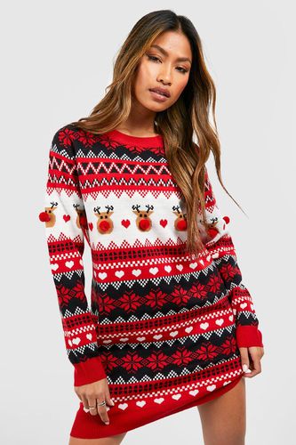 Womens Pom Pom Reindeer Christmas Jumper Dress - - M - boohoo - Modalova