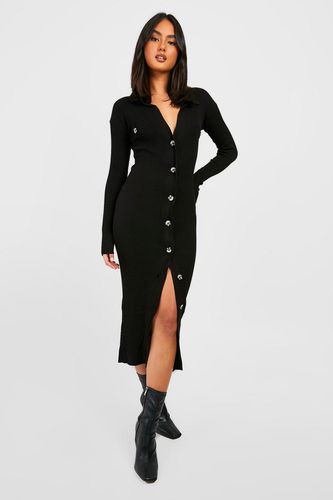 Womens Rib Knit Midi Dress With Collar Button Detail - - 12 - boohoo - Modalova