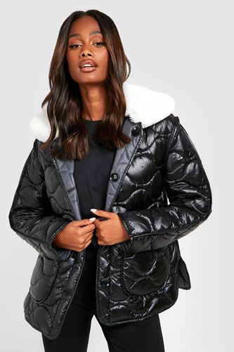 Womens Quilted Borg Collar Reversible Jacket - - 16 - boohoo - Modalova