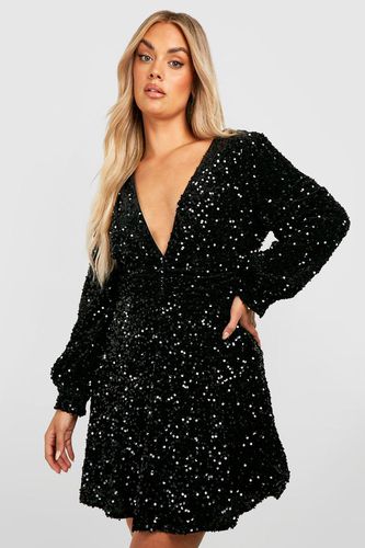 Womens Plus Sequin Ruched Waist Skater Dress - - 18 - boohoo - Modalova