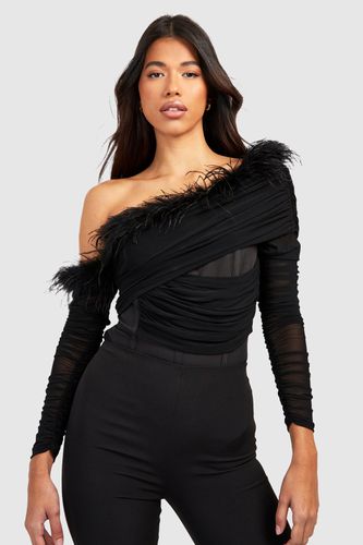 Womens Tall Off The Shoulder Feather Trim Bodysuit - - 10 - boohoo - Modalova