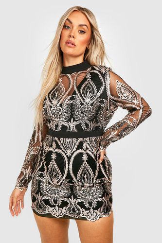 Womens Plus Sequin Damask Mini Dress - - 16 - boohoo - Modalova