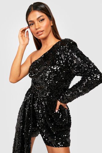 Womens One Shoulder Drape Sequin Playsuit - - 12 - boohoo - Modalova