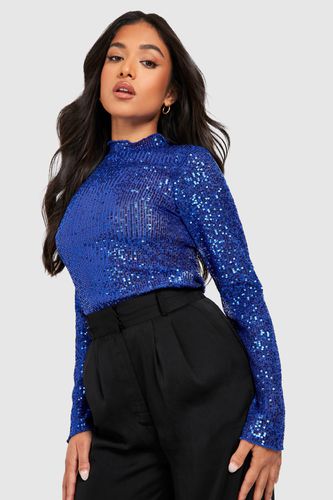 Womens Petite Sequin High Neck Long Sleeved Top - - 6 - boohoo - Modalova