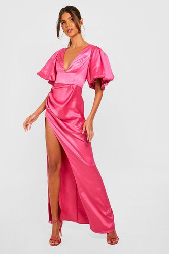 Womens Satin Puff Sleeve Plunge Maxi Dress - - 10 - boohoo - Modalova