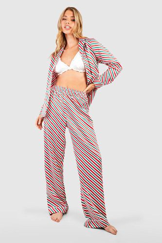 Womens Christmas Candy Cane Stripe Satin Pyjama Trouser Set - - 14 - boohoo - Modalova