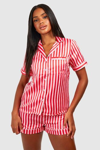 Womens Christmas Candy Stripe Satin Pyjama Shirt & Short Set - - 12 - boohoo - Modalova