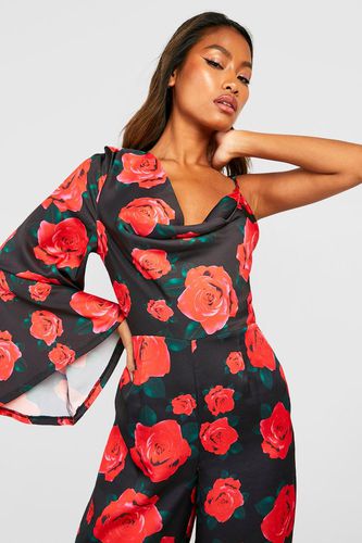 Womens Floral Satin Asymmetric Wide Leg Jumpsuit - - 8 - boohoo - Modalova