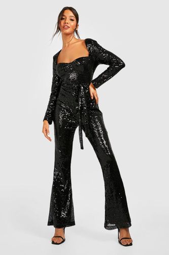 Womens Sequin Belted Flare Jumpsuit - - 14 - boohoo - Modalova