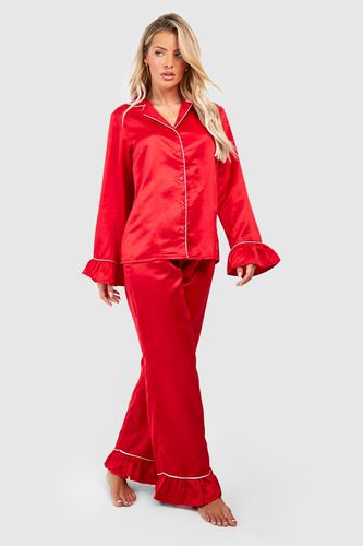 Womens Premium Satin Frill Pyjama Trouser Set - - 12 - boohoo - Modalova