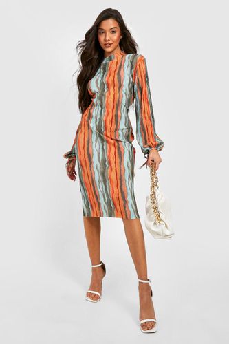 Womens Printed Plisse Rouched Sleeve Midi Dress - - 10 - boohoo - Modalova