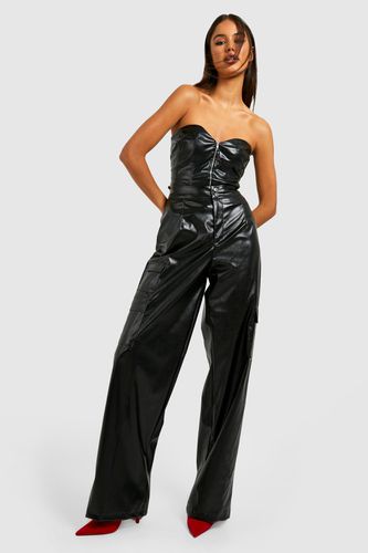 Womens Leather Look Wide Leg Cargo Trousers - - 8 - boohoo - Modalova
