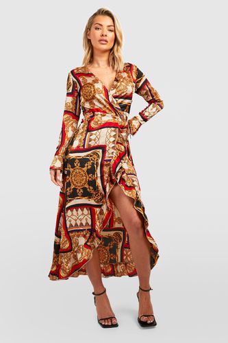 Womens Satin Chain Print Ruffle Wrap Midi Dress - - 8 - boohoo - Modalova