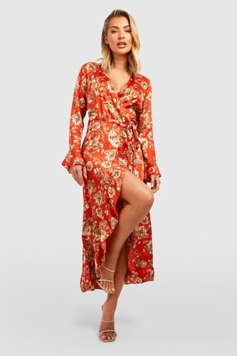 Womens Satin Floral Ruffle Wrap Midi Dress - - 10 - boohoo - Modalova