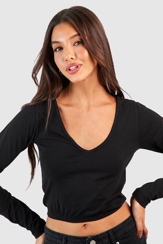 Womens Long Sleeve Basic Jersey V Neck Crop Top - - 10 - boohoo - Modalova