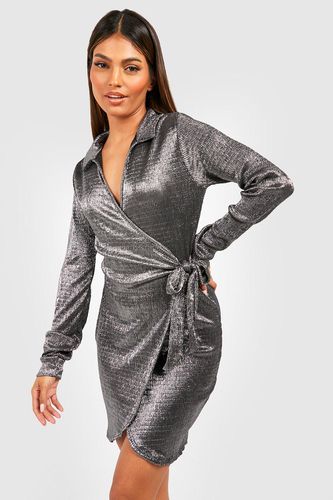 Womens Metallic Plisse Wrap Mini Party Dress - - 8 - boohoo - Modalova