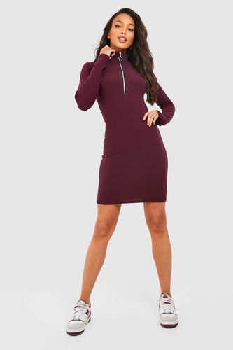 Womens Tall Long Sleeve Zip Front Knitted Rib Mini Dress - - 10 - boohoo - Modalova