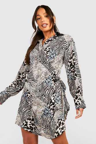 Womens Tall Mixed Animal Print Tie Side Mini Shirt Dress - - 10 - boohoo - Modalova